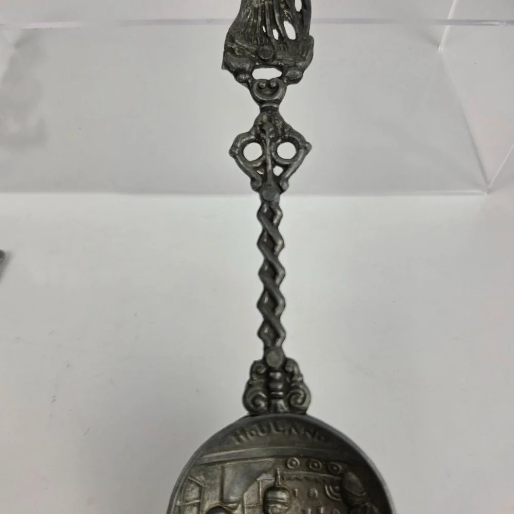 Antique Dutch Pewter Souvenir Spoons Set of 4 Volendam Holland Stork Tavern Scen